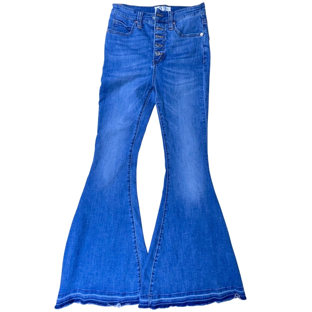 We The Free Flare Jeans 27 High Rise Button Fly Wide Leg Boho Raw Hem Retro Y2K